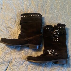 Stuart Weitzman Studded Black Suede Fur-Lined mid-calf Boots size 7.5